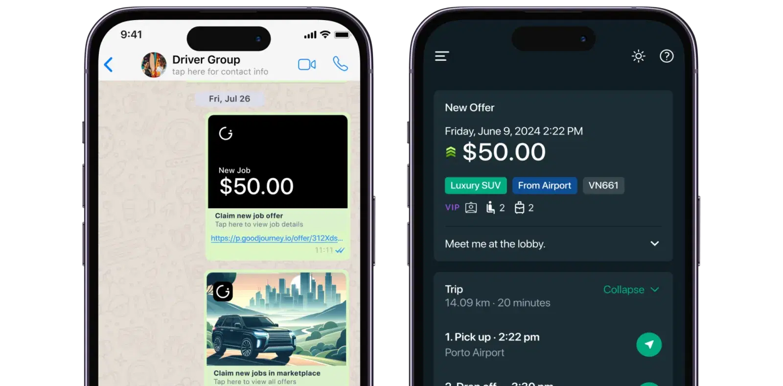 GoodJourney driver apps for job offers and trip details
